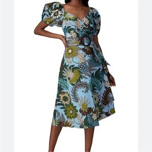 Sachin + Babi Blue Floral Puff Sleeve Midi Dress (No belt!)